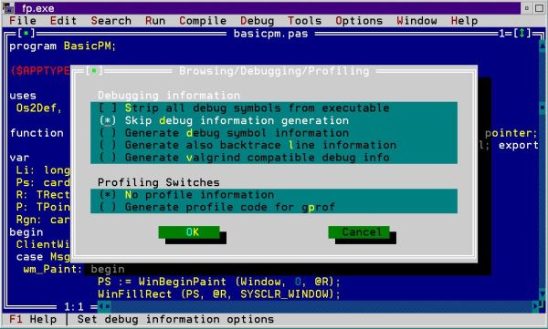 Free Pascal on OS/2: 'fp' IDE - Choosing to strip all debug symbols from the executable