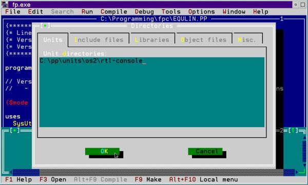 Free Pascal on OS/2: 'fp' IDE - Adding the location of Crt to the units search paths
