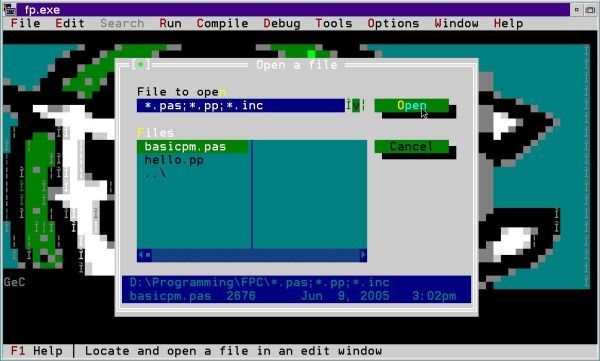 Free Pascal on OS/2: Opening a source file in the 'fp' IDE