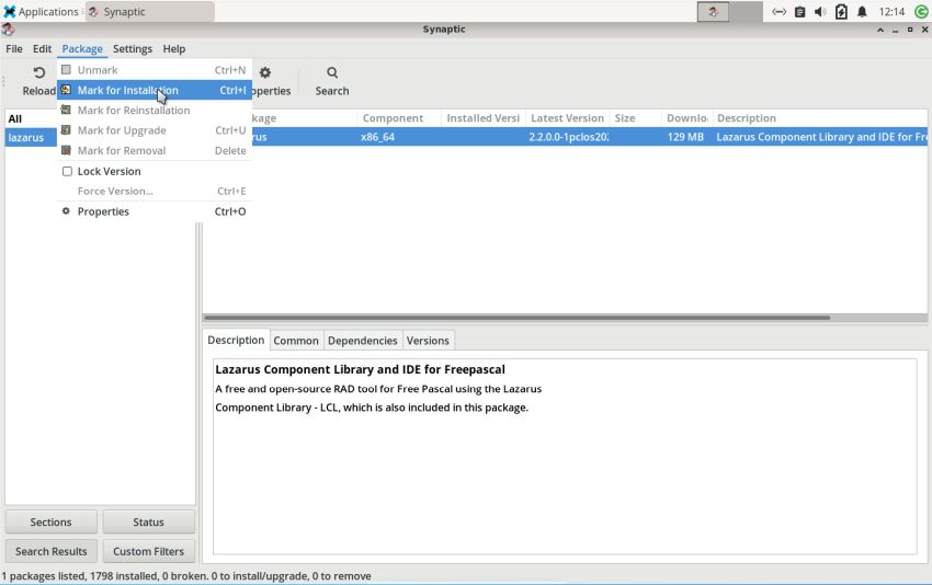 Installing Lazarus on PCLinuxOS: Selecting the 'lazarus' package in Synaptic