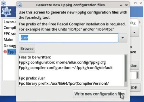 Installing Lazarus on PCLinuxOS: 'Generate new Fppkg configuration files' window