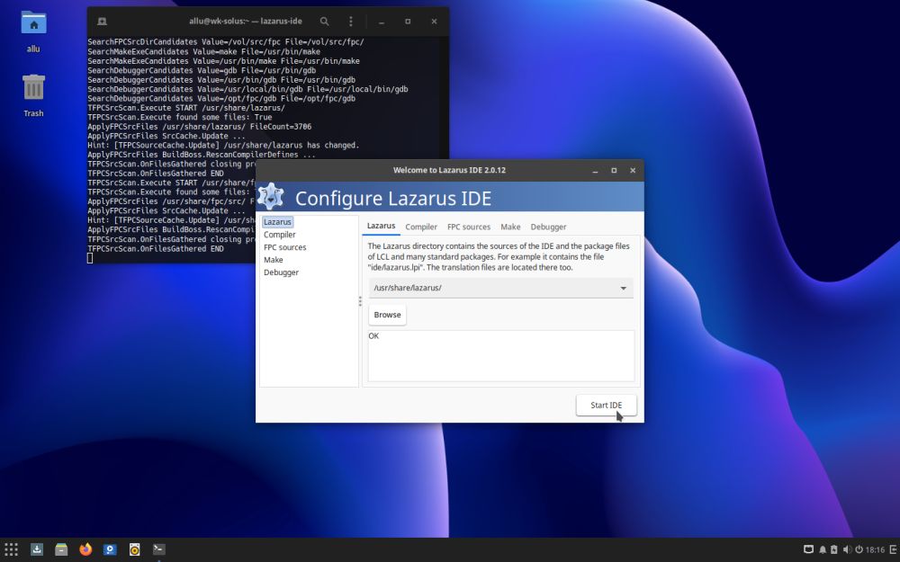 Lazarus/FPC on Solus: First start with all ok 'Configure Lazarus IDE' window