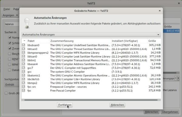 YaST2: Automatically added packages when installing Lazarus