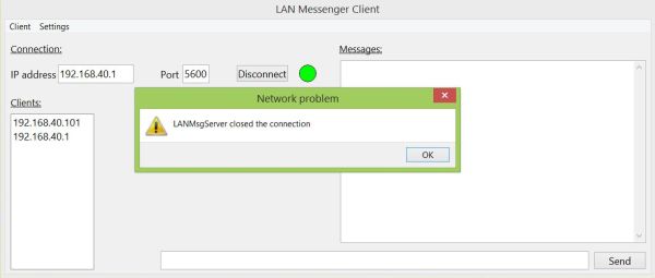 Simple Lazarus network project: Server going offline (warning message on a Windows 8.1 client)