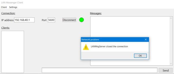 Simple Lazarus network project: Client message (Windows 10) when the server goes offline