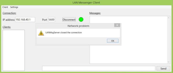 Simple Lazarus network project: Client message (Windows 8.1) when the server goes offline