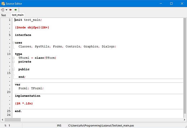 Initial content of a Lazarus main unit source file