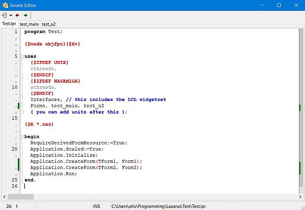 Content of the Lazarus Project Main Source file after addition of a second form