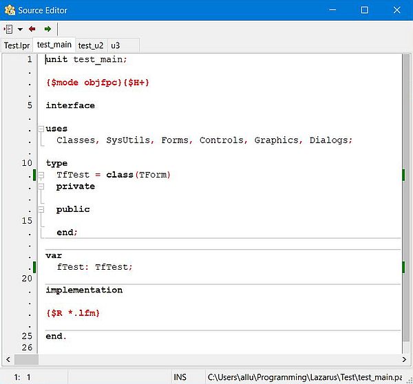 Content of a Lazarus main unit source file after changing the name of the form