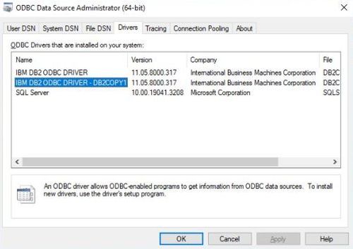 MS Windows ODBC data source administrator: Installed drivers