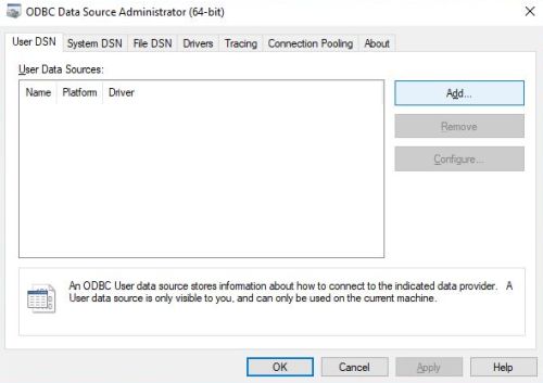 MS Windows ODBC data source administrator: Creating a DSN for DB2 - Adding a new DSN