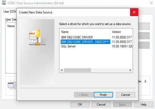 MS Windows ODBC data source administrator: Creating a DSN for DB2 - Driver selection