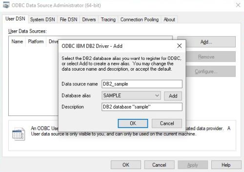 MS Windows ODBC data source administrator: Creating a DSN for DB2 - DSN name input and database selection