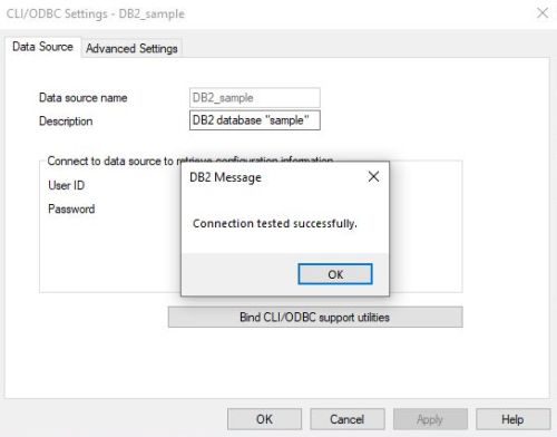 MS Windows ODBC data source administrator: Creating a DSN for DB2 - Testing the connection