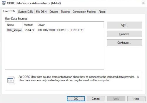 MS Windows ODBC data source administrator: Creating a DSN for DB2 - The new DSN listed in 'User DSN'