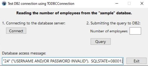 Simple Lazarus database project with IBM DB2: Connection failure (wrong password)