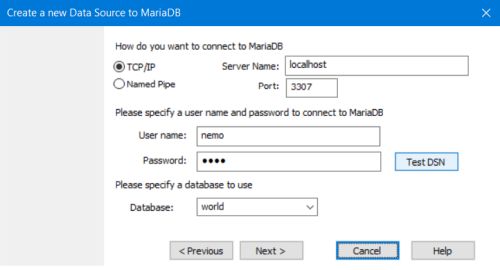 MS Windows ODBC data source administrator: Testing the connection to MariaDB [1]