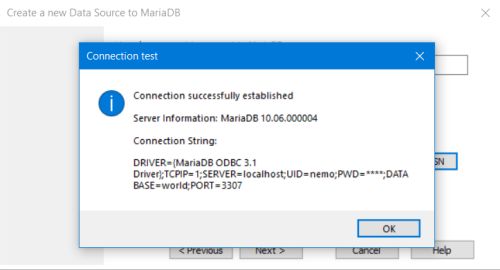 MS Windows ODBC data source administrator: Testing the connection to MariaDB [2]