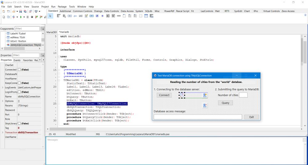 Lazarus project with MariaDB: The TMySQLConnection component