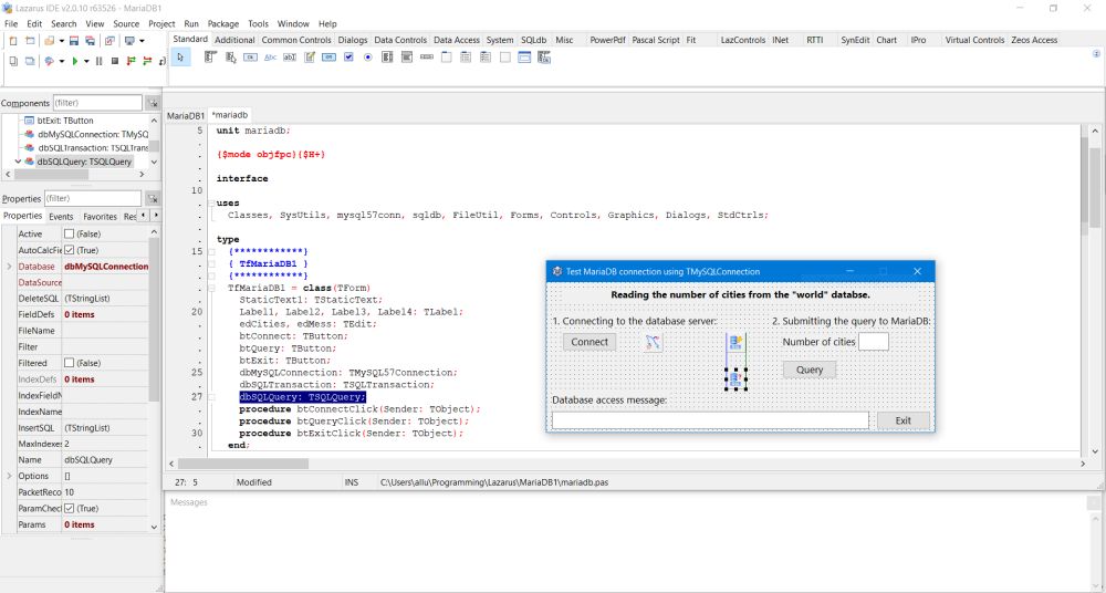 Lazarus project with MariaDB: The TSQLQuery component