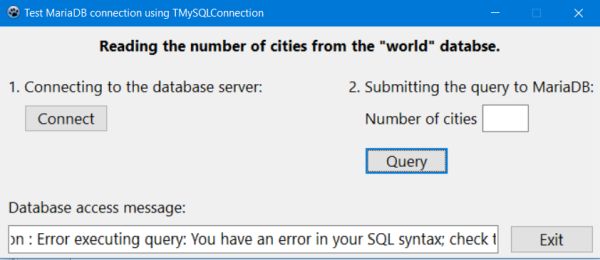 Lazarus project with MariaDB: Query failure due to a SQL error