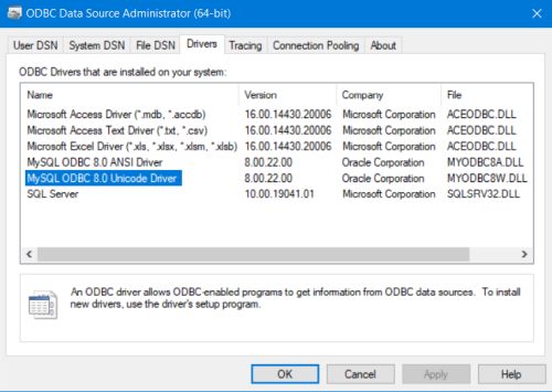 MS Windows ODBC data source administrator: Installed drivers