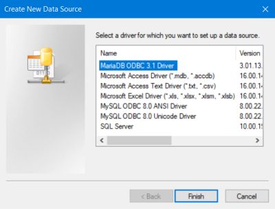 MS Windows ODBC data source administrator: Creating a DSN for MariaDB - Driver selection
