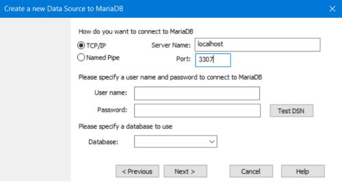 MS Windows ODBC data source administrator: Creating a DSN for MariaDB - Connection parameters