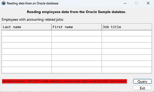 Simple Lazarus database project with Oracle Database: Trying to connect with a bad password Simple Lazarus database project with Oracle Database: Trying to connect with a bad password