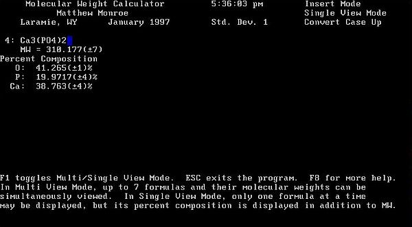 Molecular Weight Calculator for DOS: Single view molecular weight and chemical composition calculation