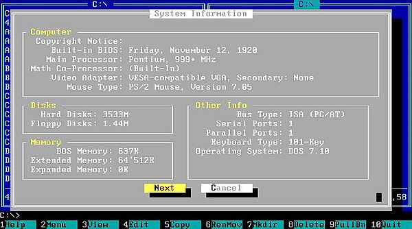 Norton Commander on FreeDOS: Display of system information
