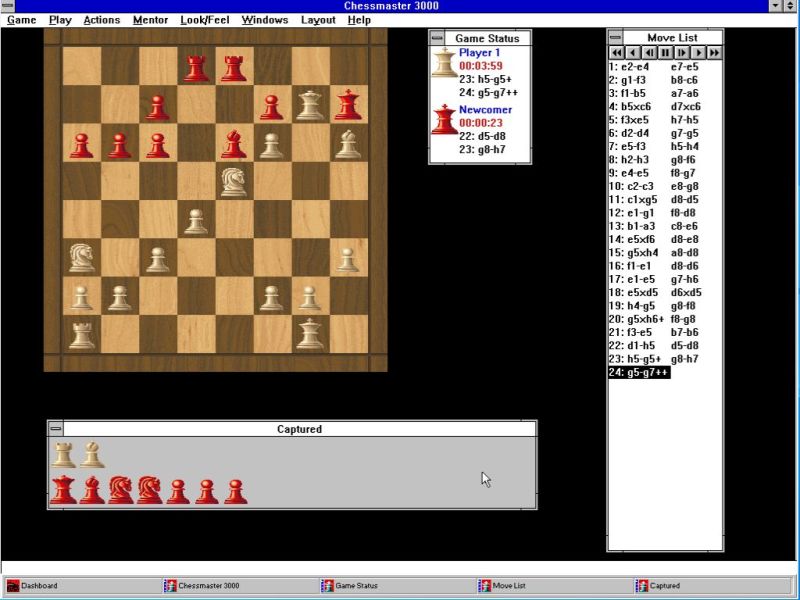 Chessmaster 3000 on Windows 3.11: Sample game on 2D board