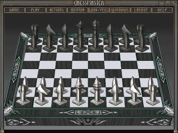 Chessmaster 4000 Turbo on Windows 3.1: Default 3D board with futuristic pieces