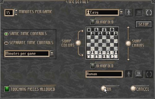Chessmaster 4000 Turbo on Windows 3.1: Actual game settings selection