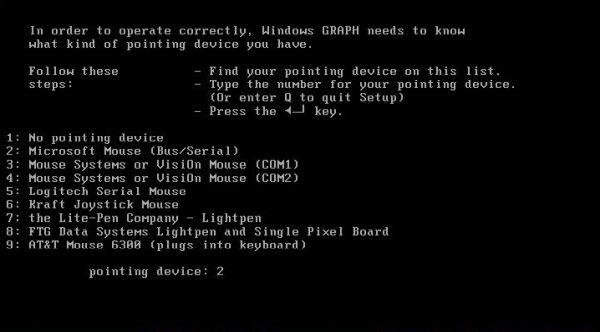 Micrografx Windows Graph on Windows 1: Installation - Choosing the pointing device