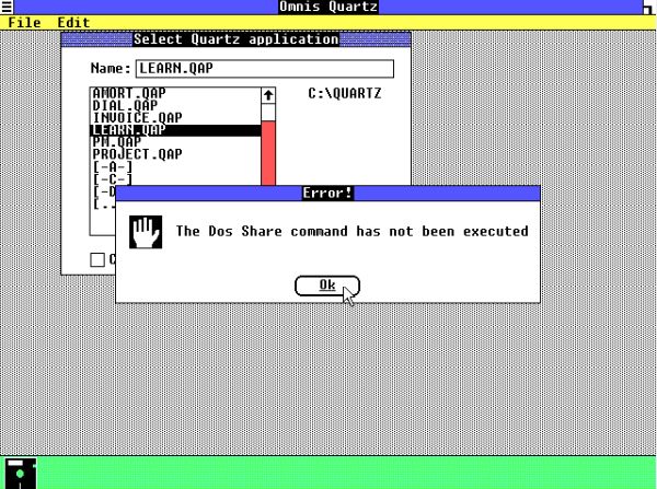 Omnis Quartz on Windows 1.04: SHARE.EXE must have been loaded in order to run the application