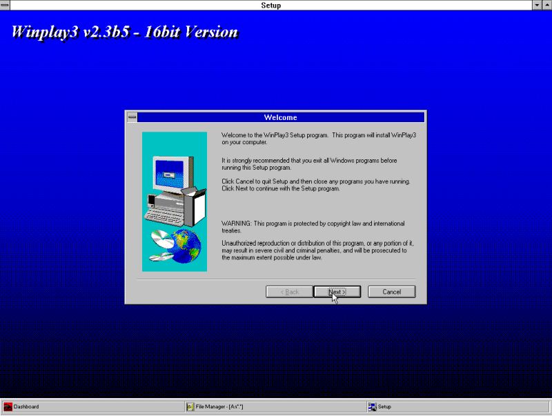 WinPlay3 MP3-player on Windows 3.11: Installation - Welcome screen