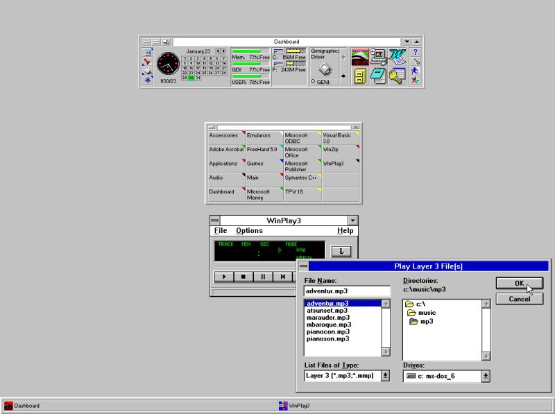 WinPlay3 MP3-player on Windows 3.11: Opening an MP3 music file