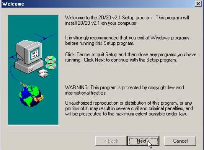 20/20 on Windows Me: Installation - Welcome screen