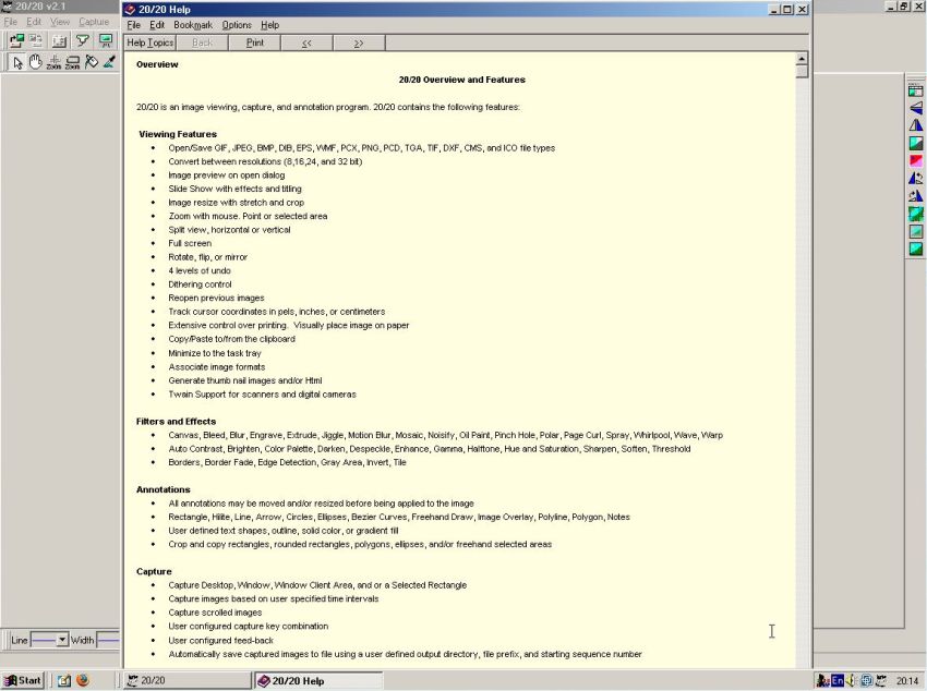 20/20 on Windows Me: Application help - Overview and features
