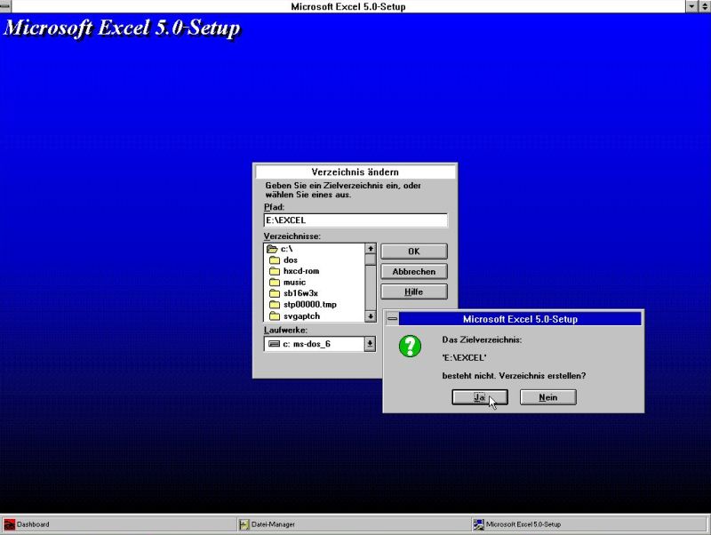 Microsoft Excel on Windows 3.1: Setup of Excel 5.0 - Choosing the installation directory