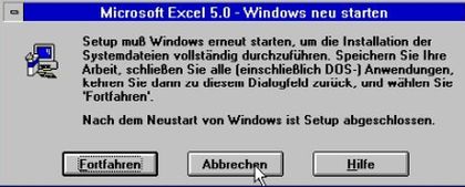 Microsoft Excel on Windows 3.1: Exiting Excel 5.0 setup instead of restarting Windows