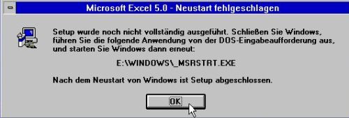 Microsoft Excel on Windows 3.1: Message informing that you'll have to run _MSRSTRT.EXE to finish setup of Excel 5.0