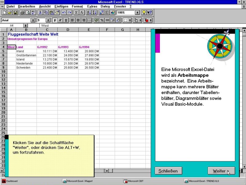 Microsoft Excel on Windows 3.1: A page from the 'First steps' part of 'Introduction to Microsoft Excel 5.0'