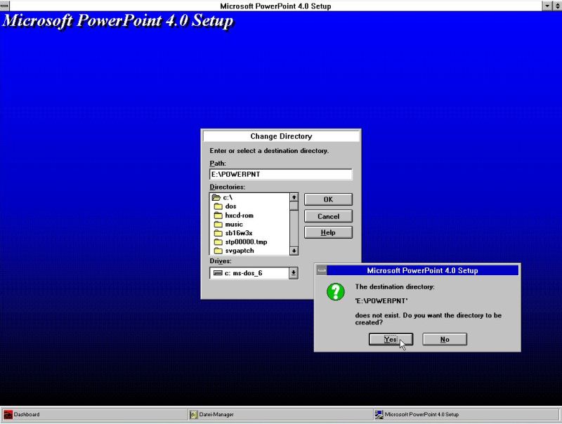 Microsoft PowerPoint on Windows 3.1: Setup of PowerPoint 4.0a - Choosing the installation directory
