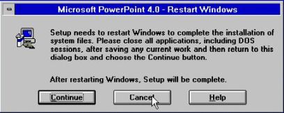 Microsoft PowerPoint on Windows 3.1: Exiting PowerPoint 4.0a setup instead of restarting Windows