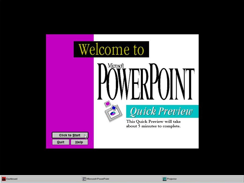 Microsoft PowerPoint on Windows 3.1: First page from the 'Quick preview' of Microsoft PowerPoint 4.0a