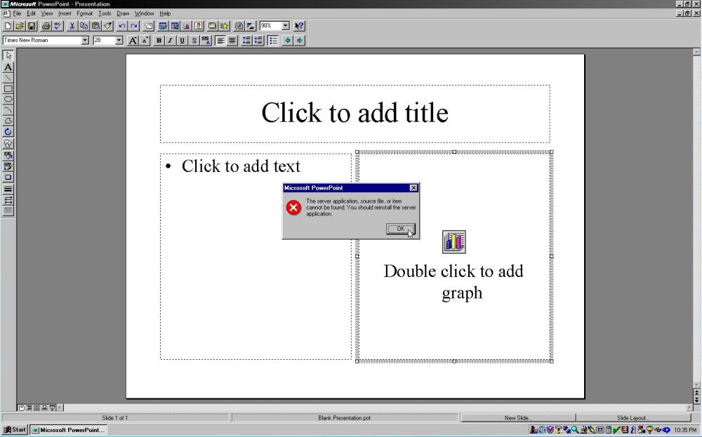 Microsoft PowerPoint on Windows NT4: PowerPoint 95 error message when trying to insert an object into an autolayout slide
