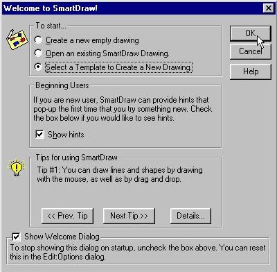 SmartDraw 2.0: Welcome dialog box with selection what you want to do