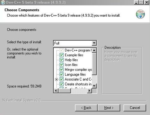 Dev-C++ on Windows 98: Installation - Selecting the components to be installed